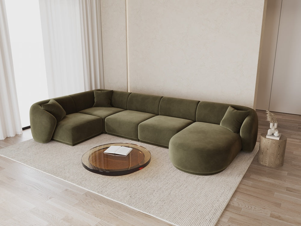 
Canapé panoramique design 6 places "Jane" - Velours vert / Angle gauche / Méridienne droite