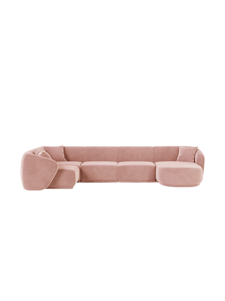 
Canapé panoramique design 6 places "Jane" - Velours rose / Angle gauche / Méridienne droite