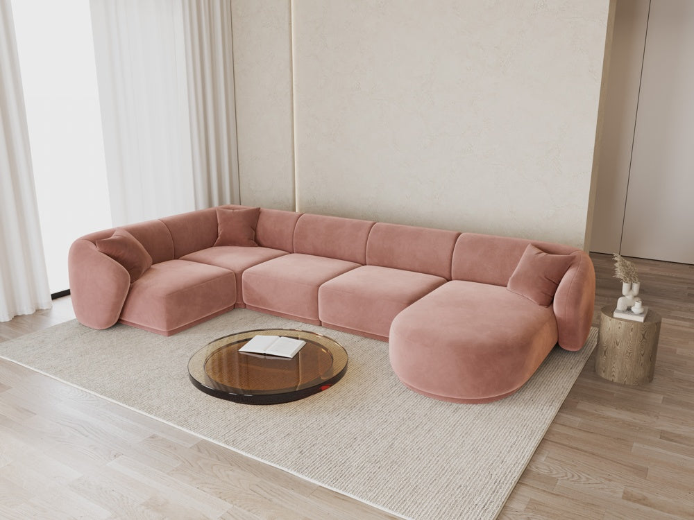 
Canapé panoramique design 6 places "Jane" - Velours rose / Angle gauche / Méridienne droite