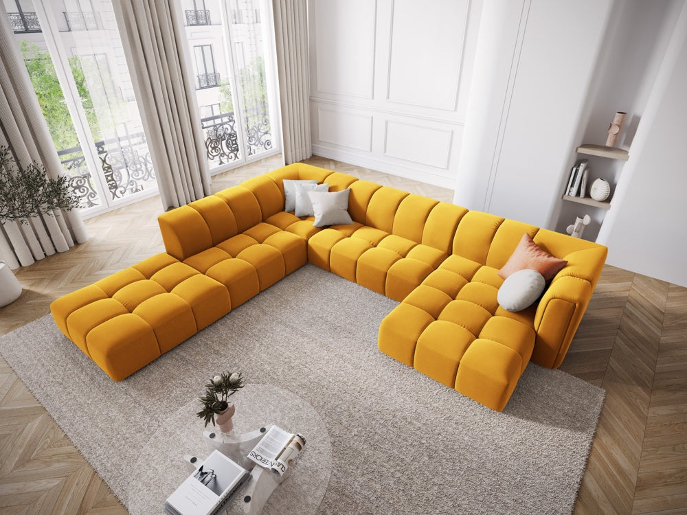 
Grosses Design Panorama-Sofa "Adams" - Samt Senfgelb / Lange Seite links