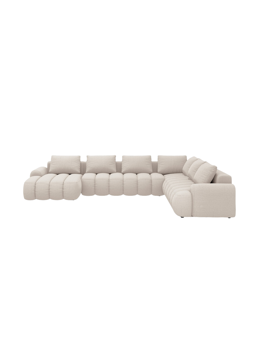 
6-seater designer panoramic sofa "Kimi" with sleeping function - Structured Fabric Beige / long side right
