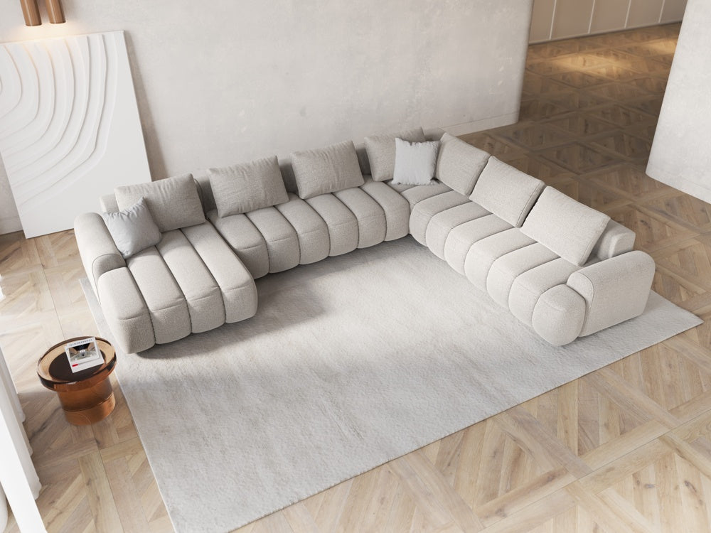 
6-seater designer panoramic sofa "Kimi" with sleeping function - Structured Fabric Beige / long side right