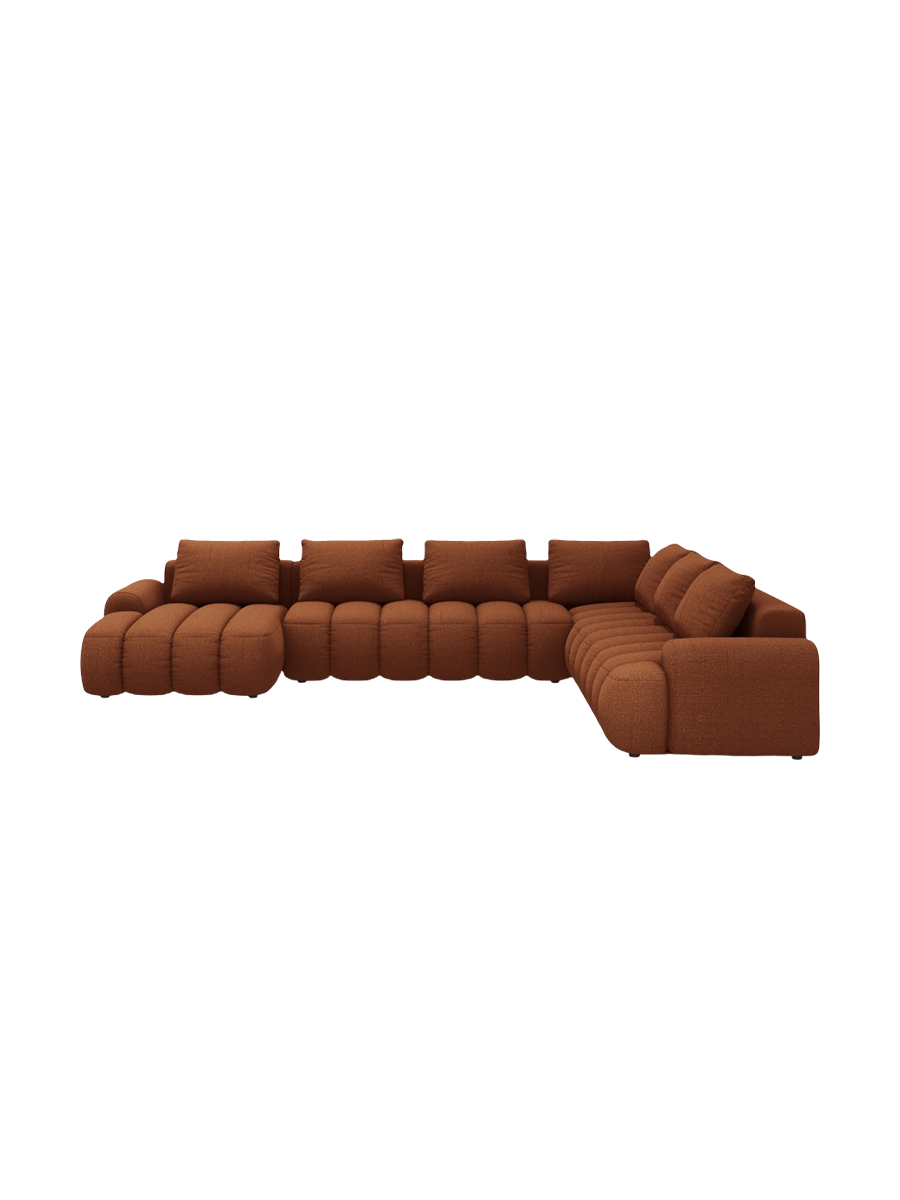 
6-seater designer panoramic sofa "Kimi" with sleeping function - Textured fabric Brick / long side right