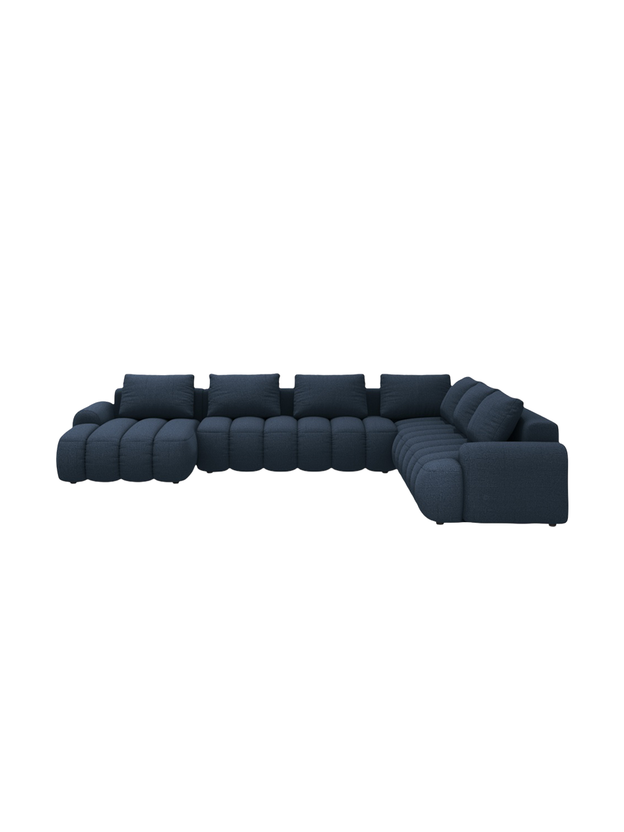 
6-seater designer panoramic sofa "Kimi" with sleeping function - Structured Fabric Blue / long side right