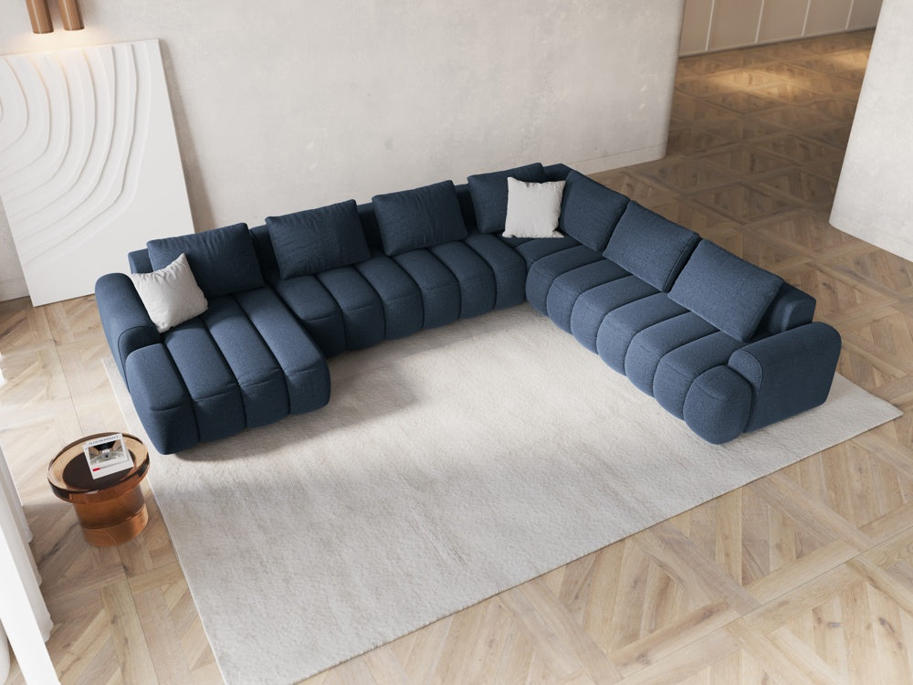 
6-seater designer panoramic sofa "Kimi" with sleeping function - Structured Fabric Blue / long side right