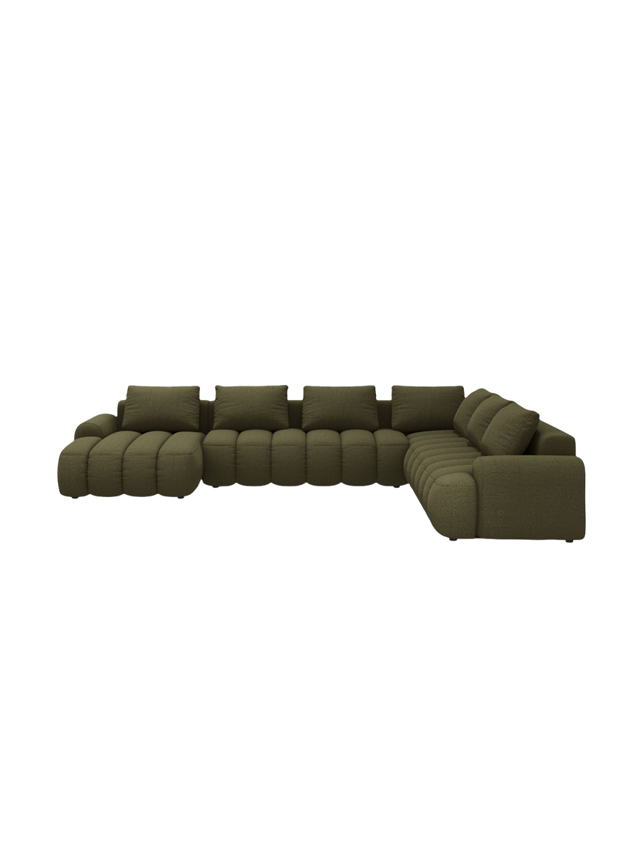
6-seater designer panoramic sofa "Kimi" with sleeping function - Textured Fabric Green / long side right