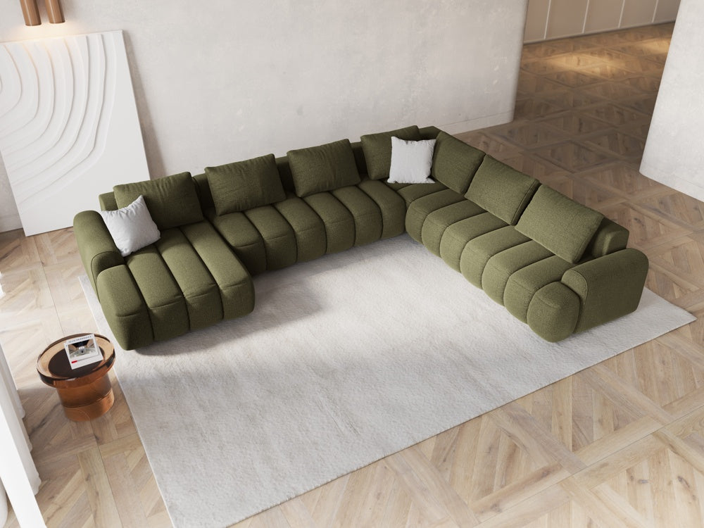 
6-seater designer panoramic sofa "Kimi" with sleeping function - Textured Fabric Green / long side right