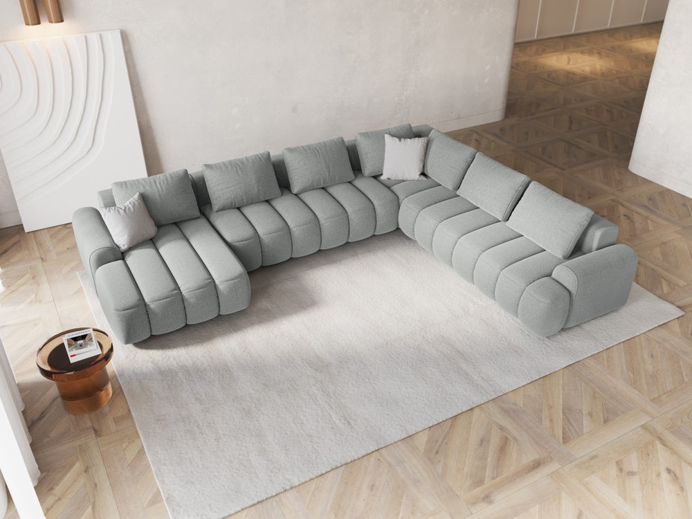 
6-seater designer panoramic sofa "Kimi" with sleeping function - Structural Fabric Light Grey / long side right