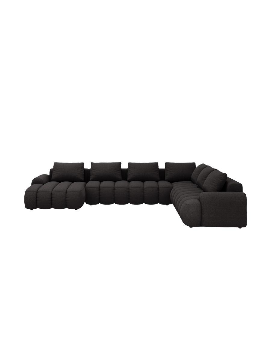 
6-seater designer panoramic sofa "Kimi" with sleeping function - Structured Fabric Dark Grey / long side right