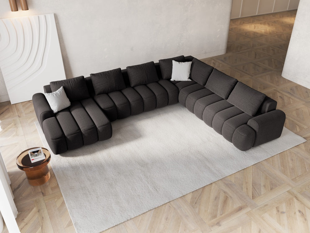 
6-seater designer panoramic sofa "Kimi" with sleeping function - Structured Fabric Dark Grey / long side right
