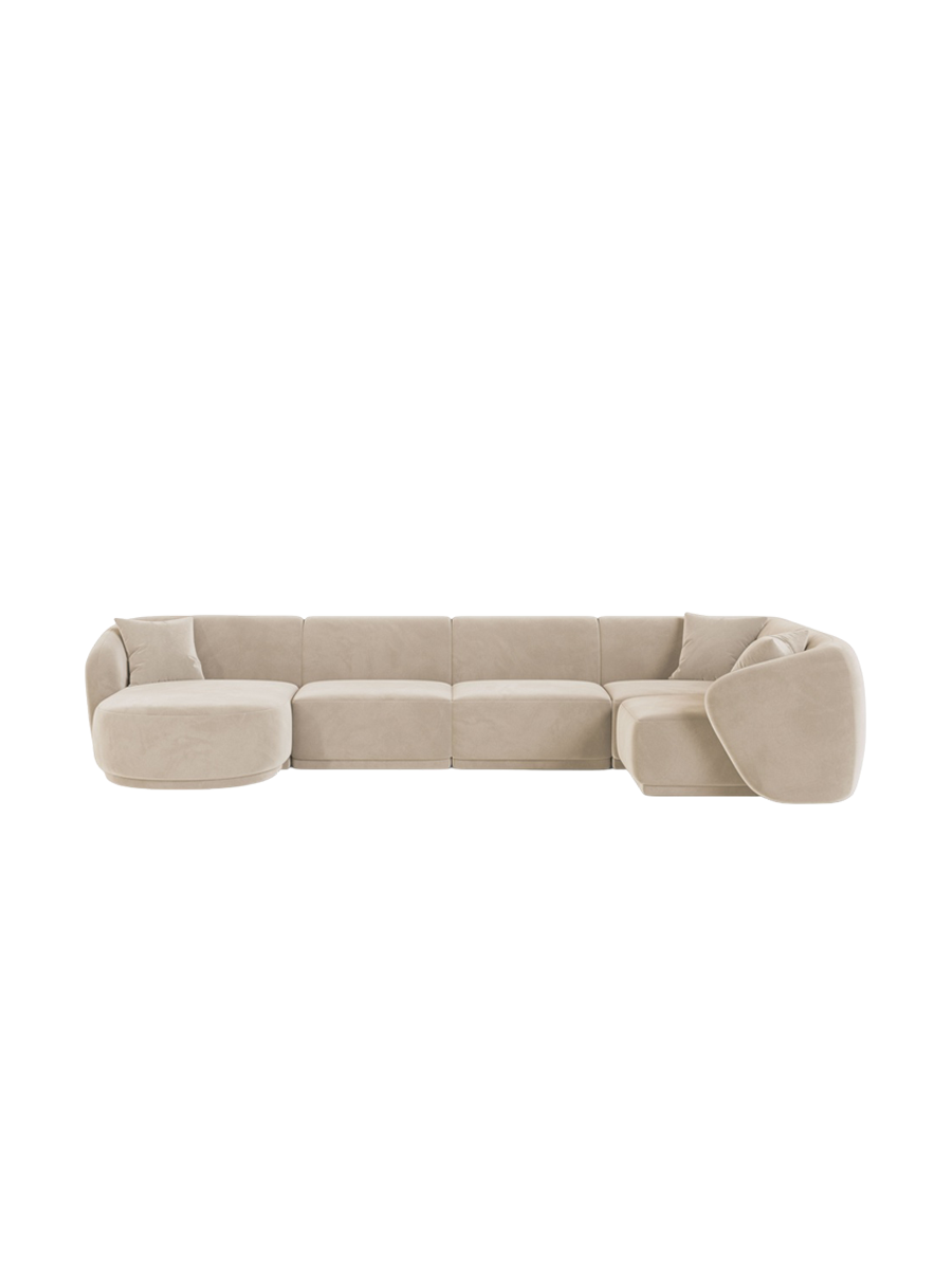 
Canapé panoramique design 6 places "Jane" - Velours Beige / Angle droit / méridienne gauche