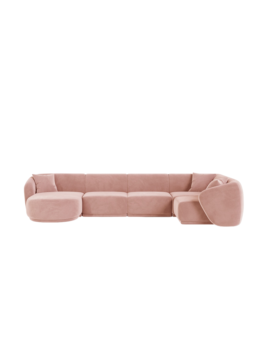 
Canapé panoramique design 6 places "Jane" - Velours rose / Angle droit / méridienne gauche