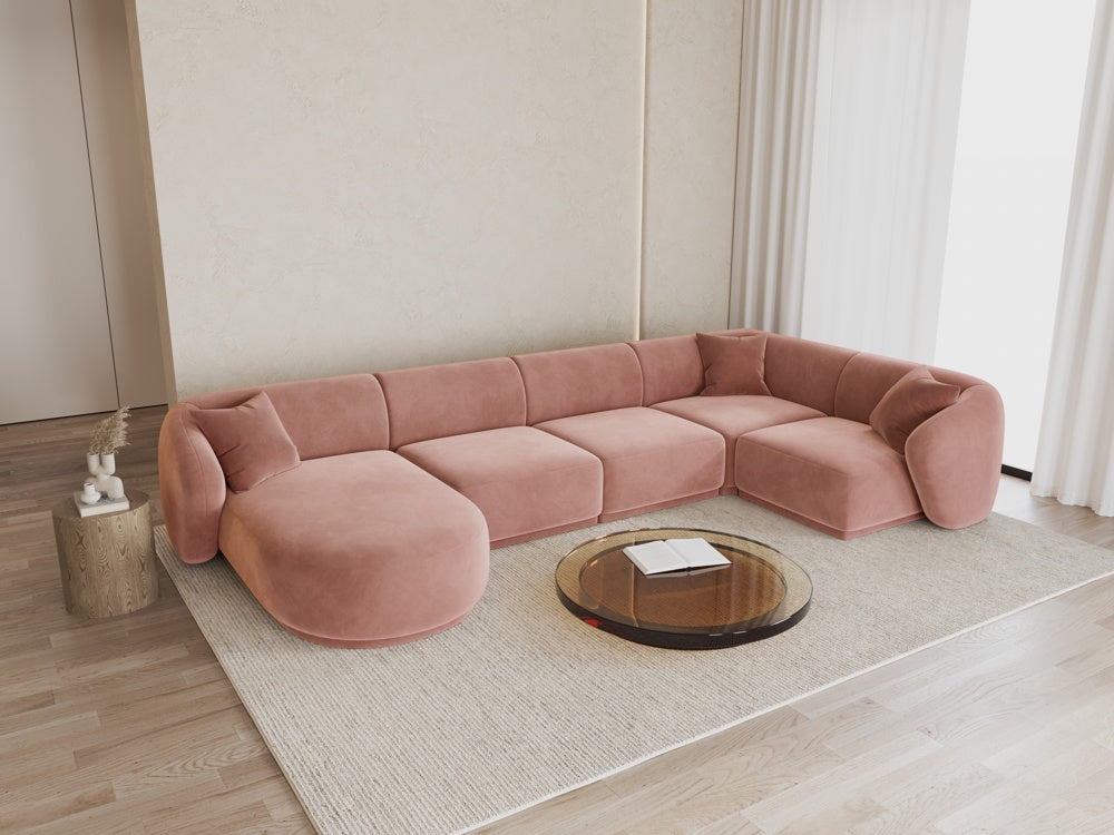 
Canapé panoramique design 6 places "Jane" - Velours rose / Angle droit / méridienne gauche