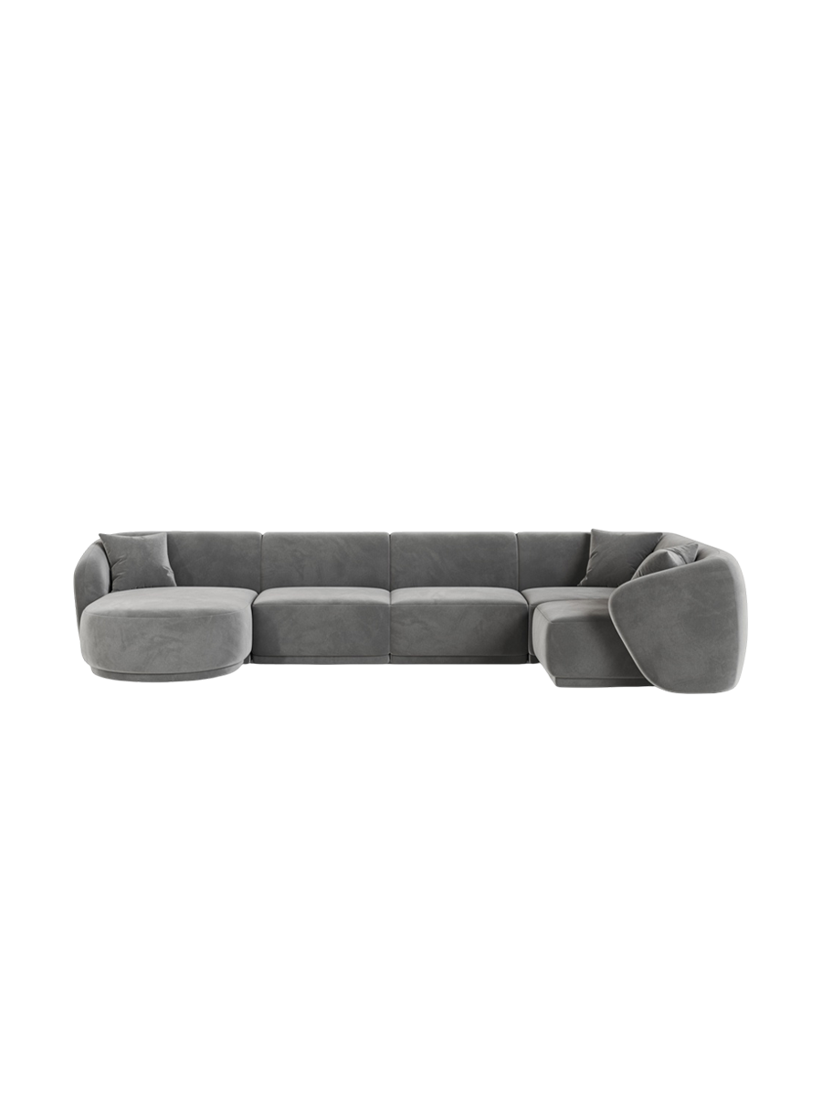 
Canapé panoramique design 6 places "Jane" - Velours Gris / Angle droit / méridienne gauche