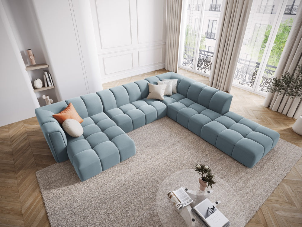 
Grosses Design Panorama-Sofa "Adams" - Samt Hellblau / Lange Seite rechts