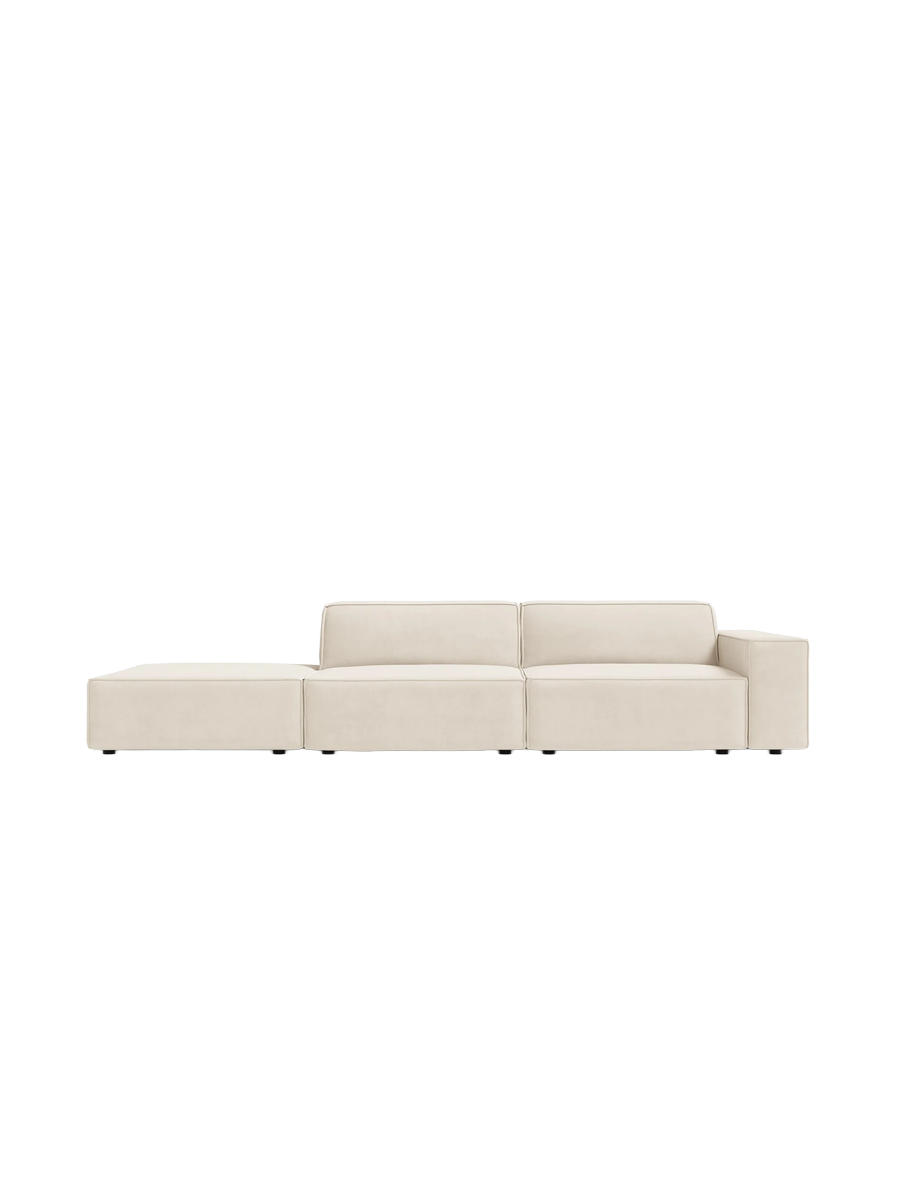 
3-Sitzer Design Sofa „Jodie“ mit Ottomane - Samtbezug Soft Beige / Ottomane Links