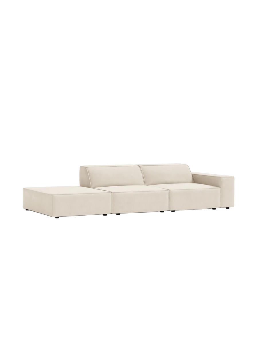 
3-Sitzer Design Sofa „Jodie“ mit Ottomane - Samtbezug Soft Beige / Ottomane Links