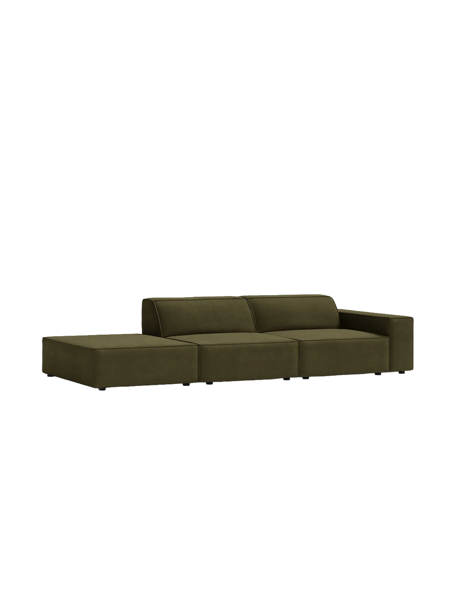 
3-Sitzer Design Sofa „Jodie“ mit Ottomane - Samtbezug Khaki / Ottomane Links
