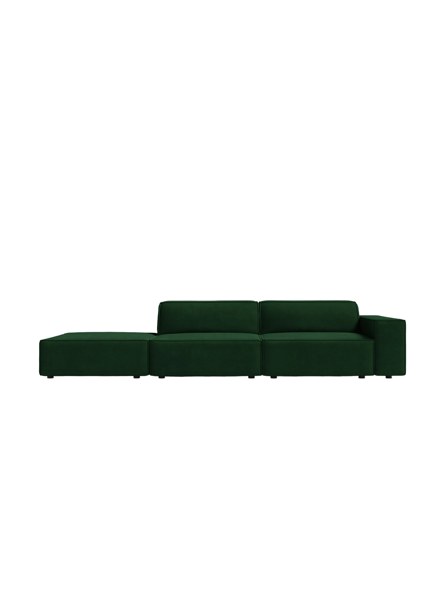 
3-Sitzer Design Sofa „Jodie“ mit Ottomane - Samtbezug Smaragdgrün / Ottomane Links