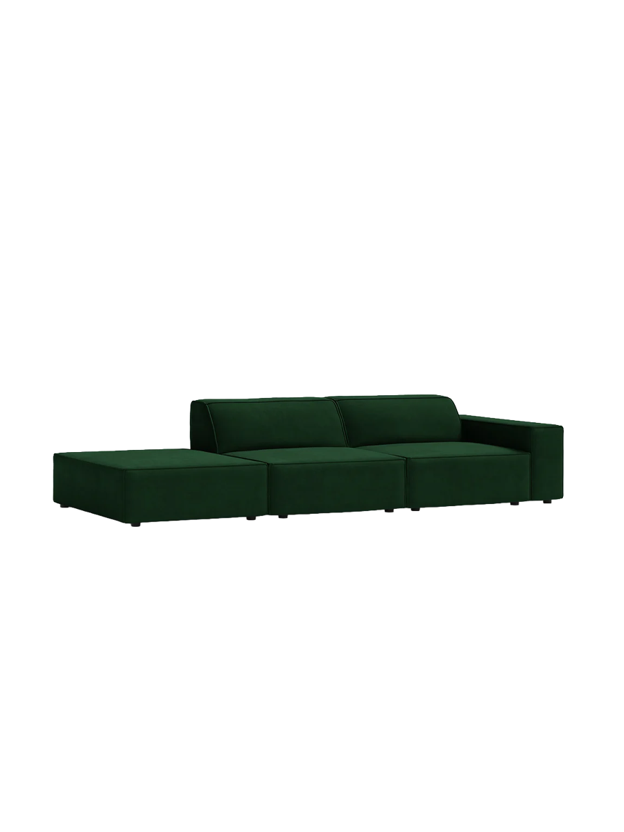 
3-Sitzer Design Sofa „Jodie“ mit Ottomane - Samtbezug Smaragdgrün / Ottomane Links