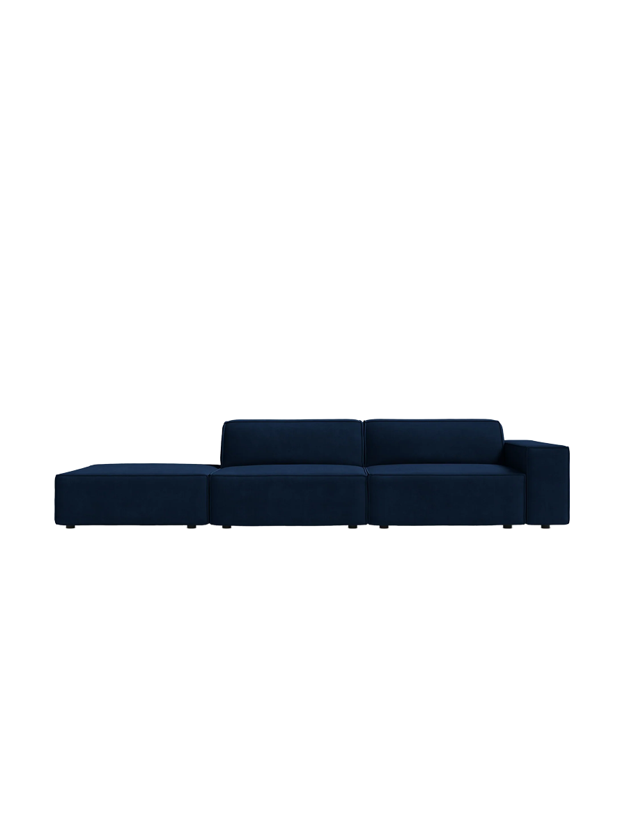 
3-Sitzer Design Sofa „Jodie“ mit Ottomane - Samtbezug Königsblau / Ottomane Links