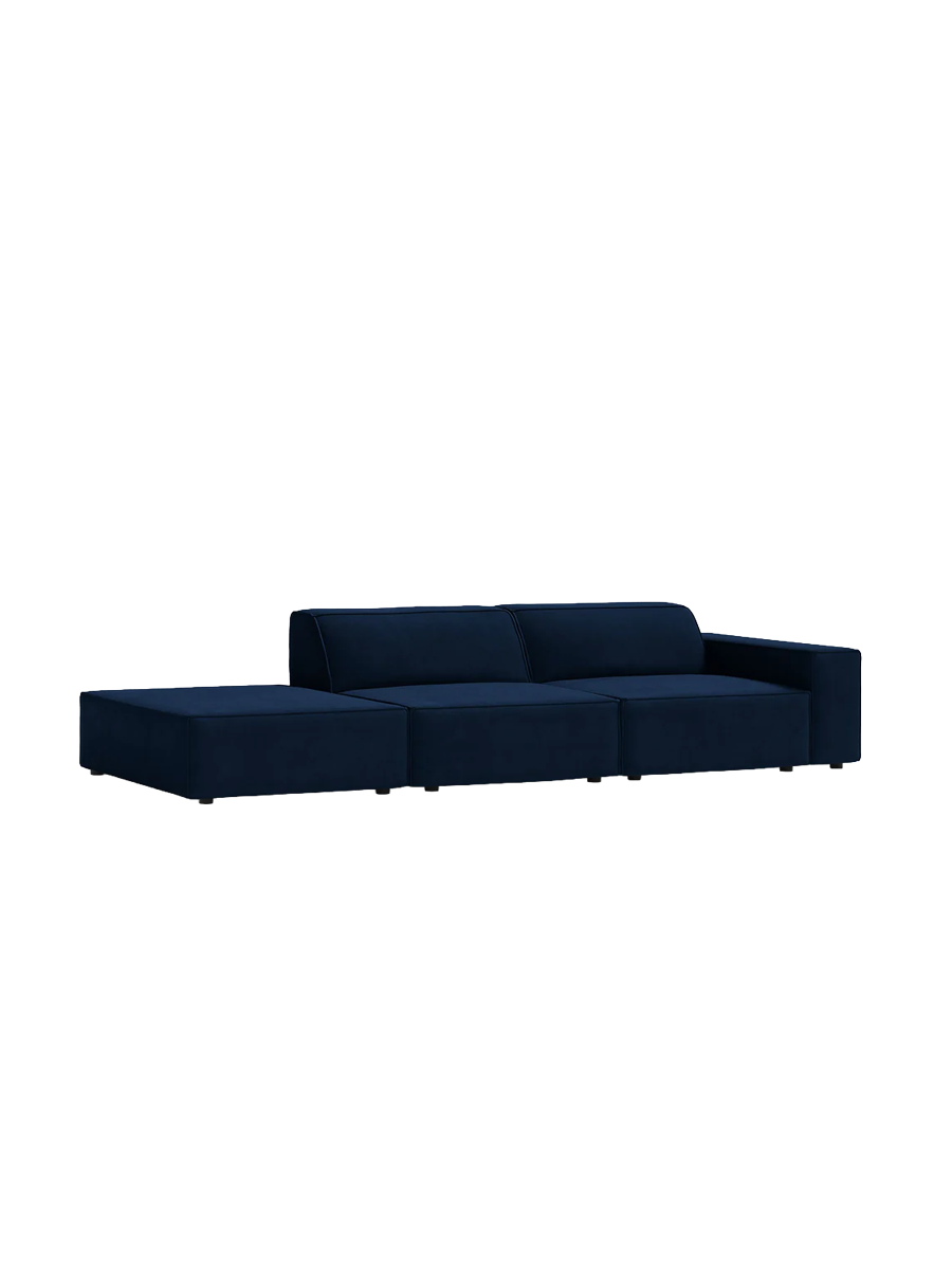 
3-Sitzer Design Sofa „Jodie“ mit Ottomane - Samtbezug Königsblau / Ottomane Links