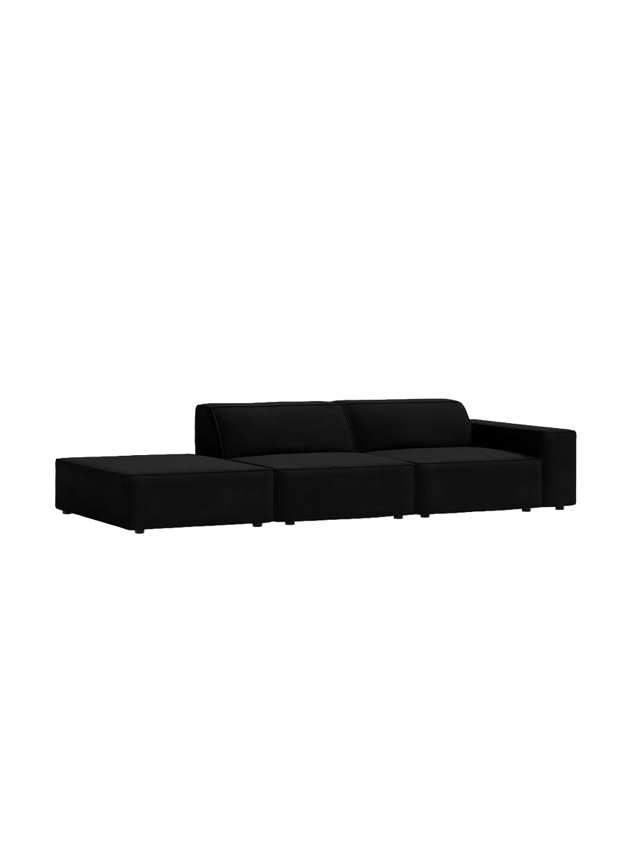 
3-Sitzer Design Sofa „Jodie“ mit Ottomane - Samtbezug Schwarz / Ottomane Links
