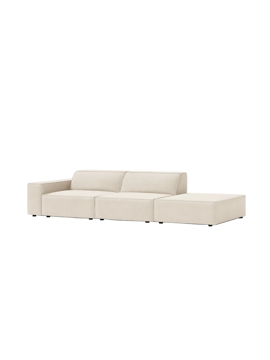 
3-Sitzer Design Sofa „Jodie“ mit Ottomane - Samtbezug Soft Beige / Ottomane rechts