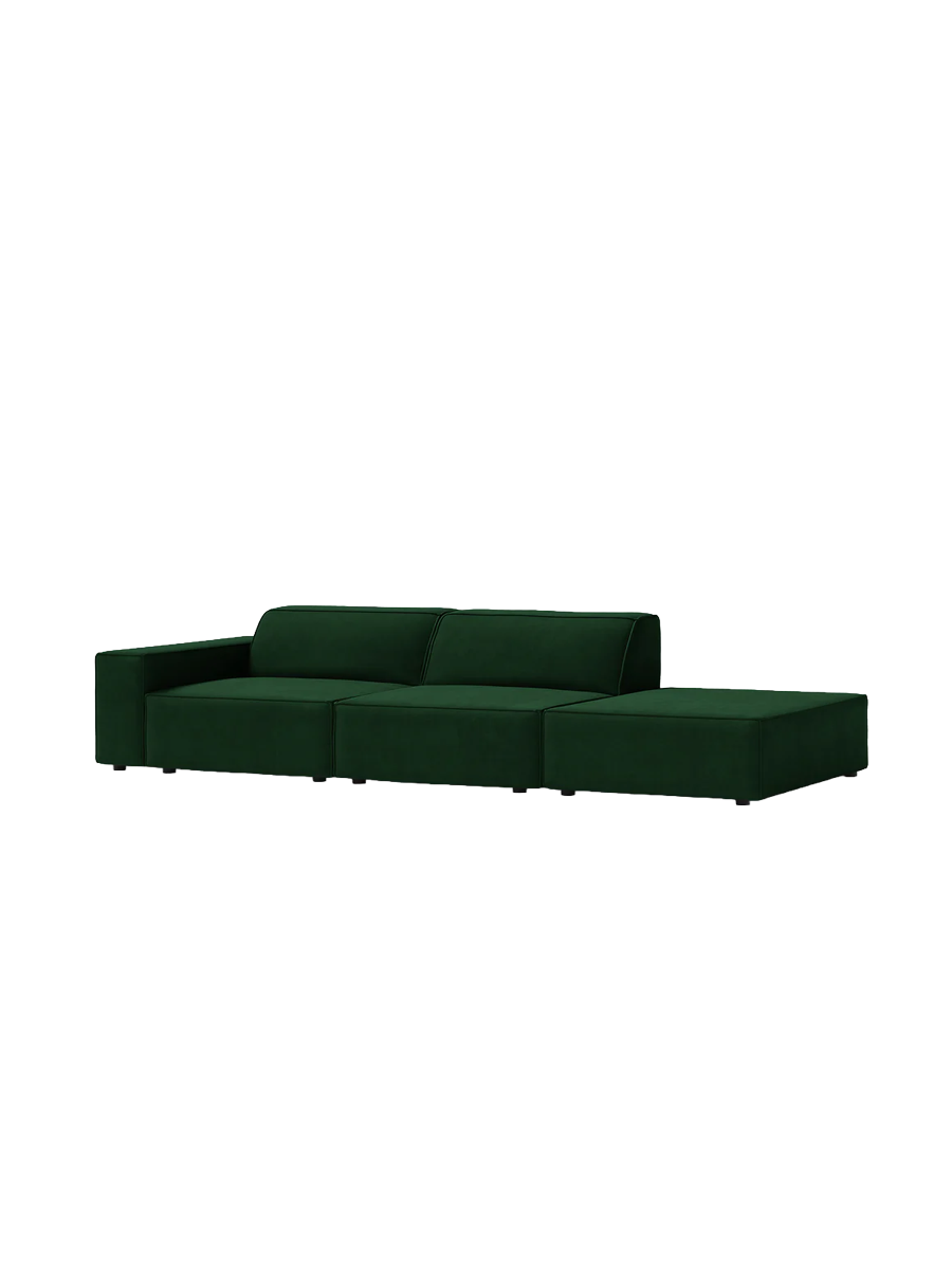 
3-Sitzer Design Sofa „Jodie“ mit Ottomane - Samtbezug Smaragdgrün / Ottomane rechts