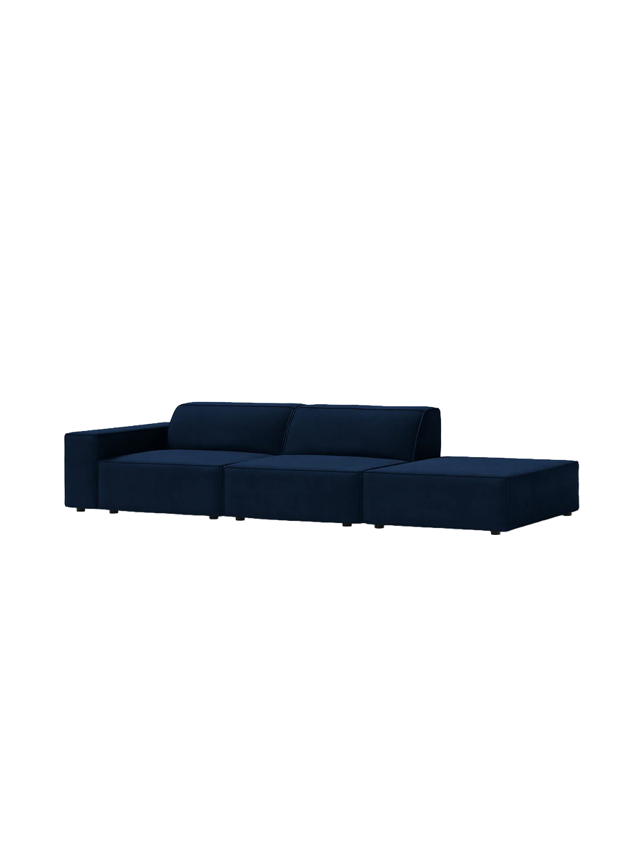 
3-Sitzer Design Sofa „Jodie“ mit Ottomane - Samtbezug Königsblau / Ottomane rechts