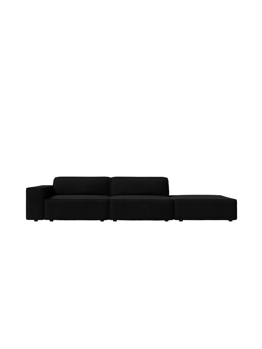 
3-Sitzer Design Sofa „Jodie“ mit Ottomane - Samtbezug Schwarz / Ottomane rechts