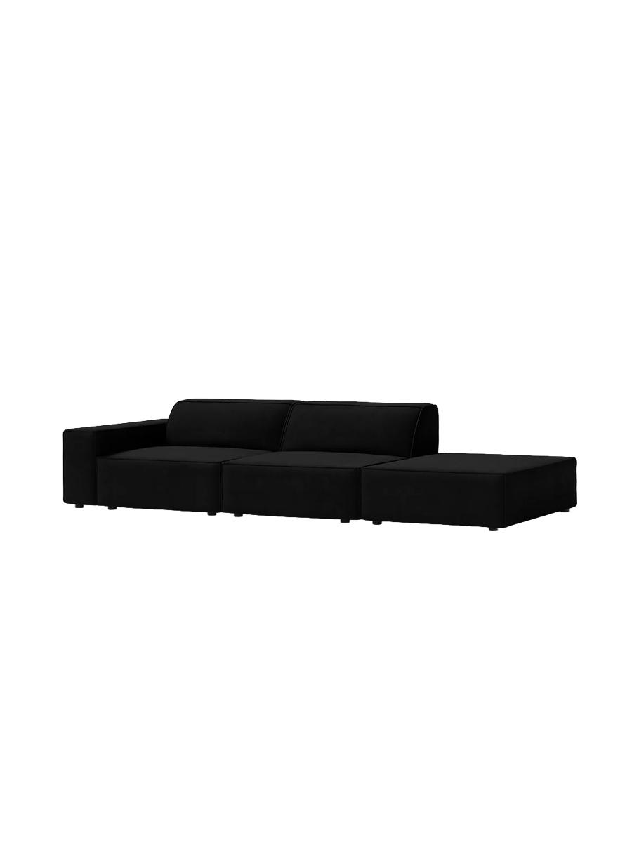 
3-Sitzer Design Sofa „Jodie“ mit Ottomane - Samtbezug Schwarz / Ottomane rechts