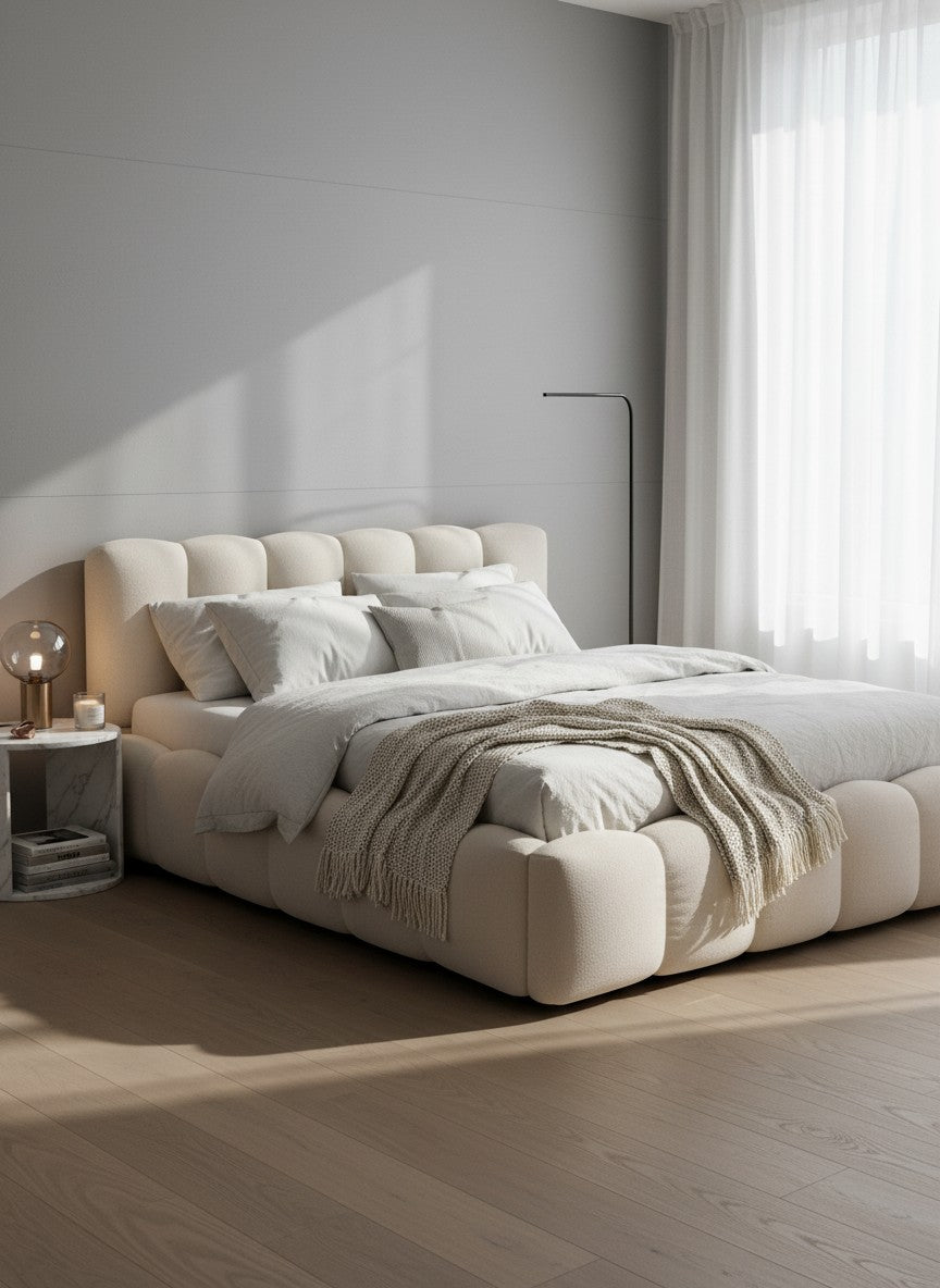 
Design Polsterbett „Lupine“ mit Ablagefach - Strukturstoff Light Beige - Liegefläche 140 x 200 cm