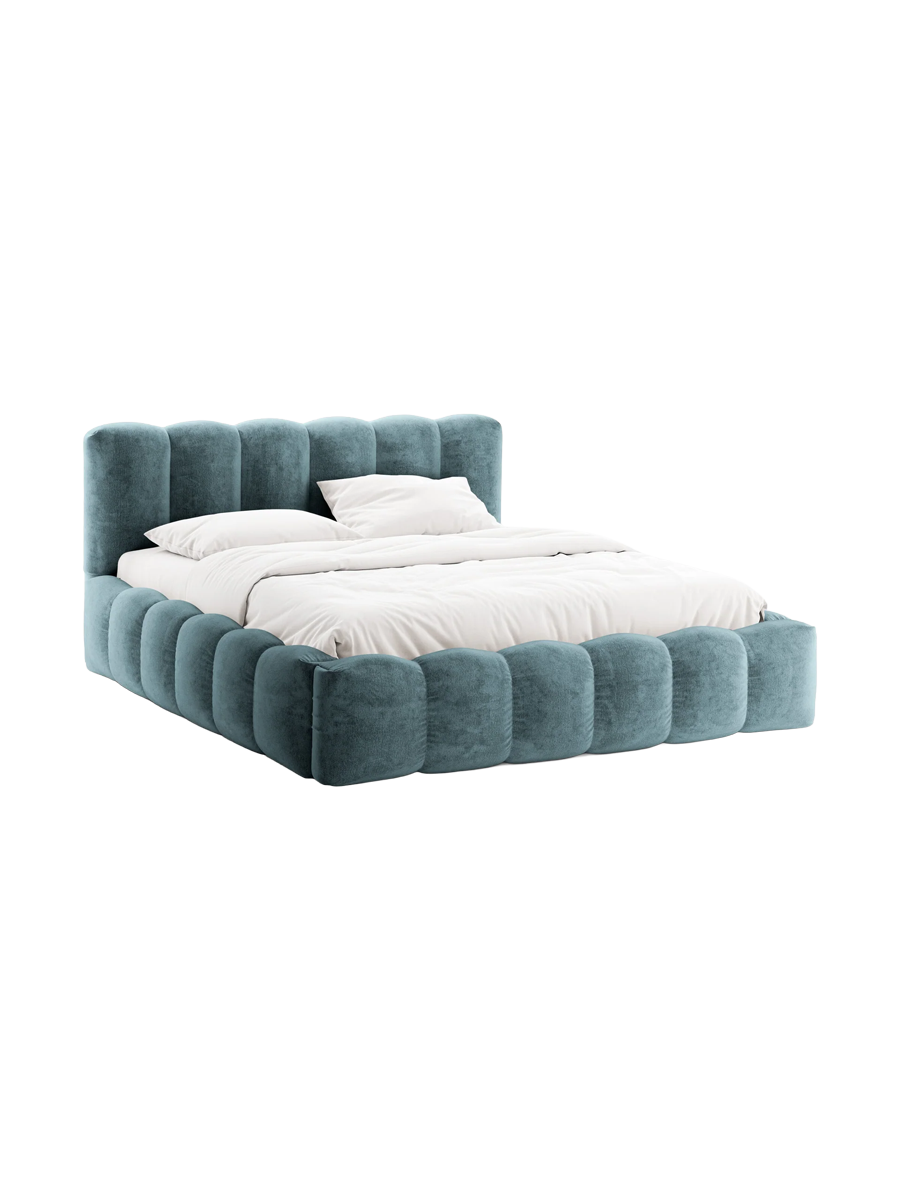 
Design Polsterbett „Lupine“ mit Ablagefach - Chenille Jeansblau - Liegefläche 140 x 200 cm