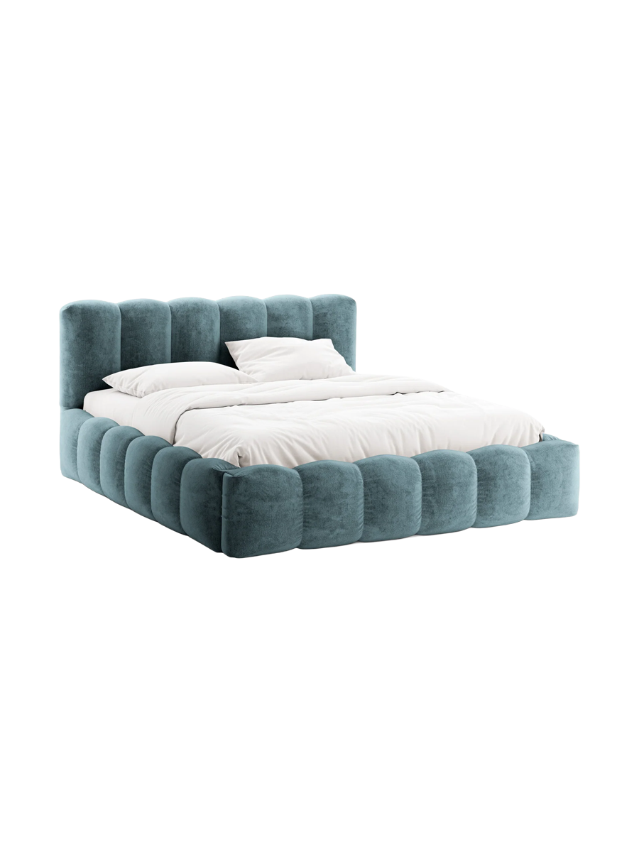 
Design Polsterbett „Lupine“ mit Ablagefach - Chenille Jeansblau - Liegefläche 180 x 200 cm