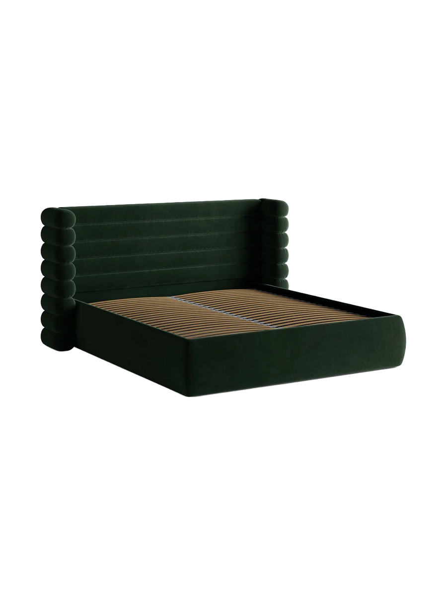 
Design Polsterbett „Mount“ mit Ablagefach - Samt Flaschengrün - Liegefläche 200 x 200 cm