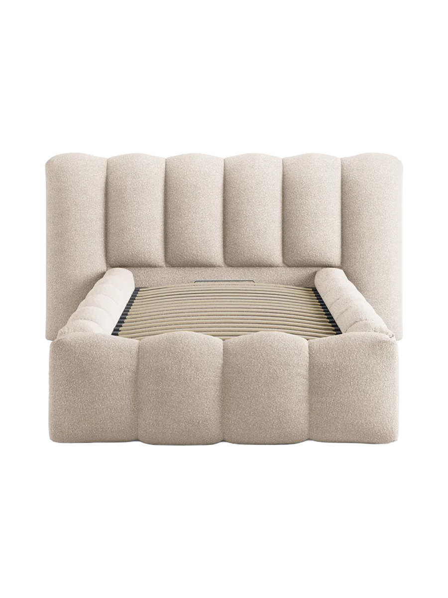 
"Lupine" designer upholstered bed with storage compartment - Bouclé Beige