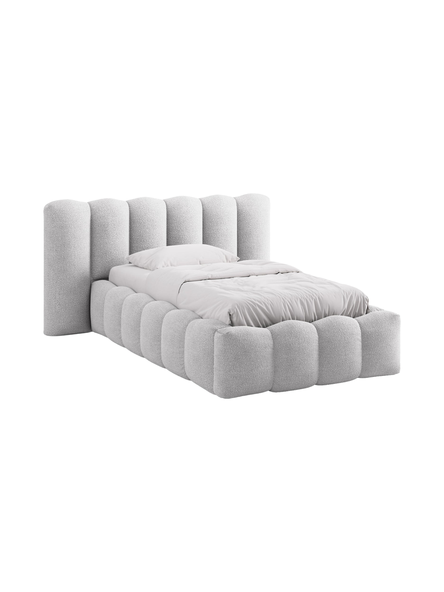 
"Lupine" designer upholstered bed with storage compartment - Bouclé Light Gray