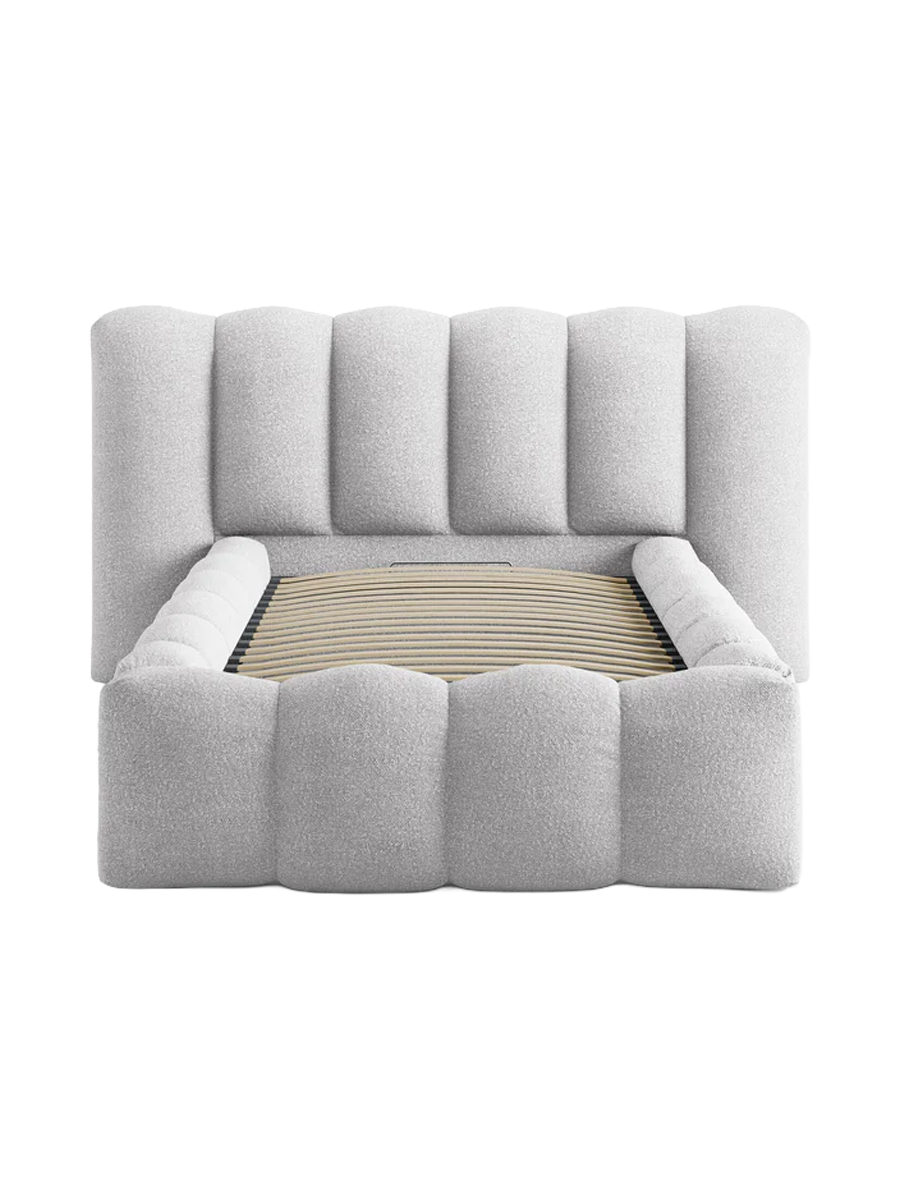 
"Lupine" designer upholstered bed with storage compartment - Bouclé Light Gray