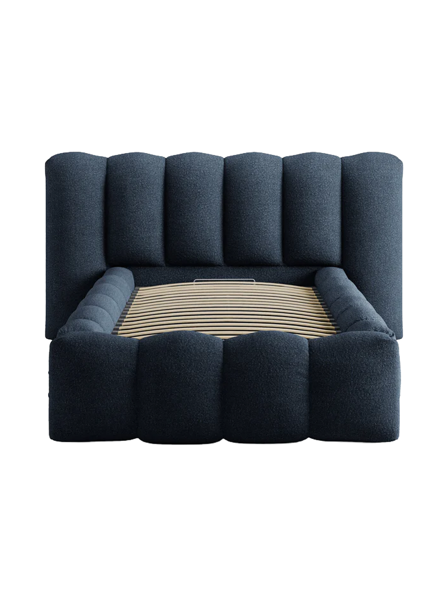 
"Lupine" designer upholstered bed with storage compartment - Bouclé Dark Blue