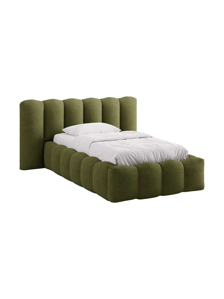 
"Lupine" designer upholstered bed with storage compartment - Bouclé Green