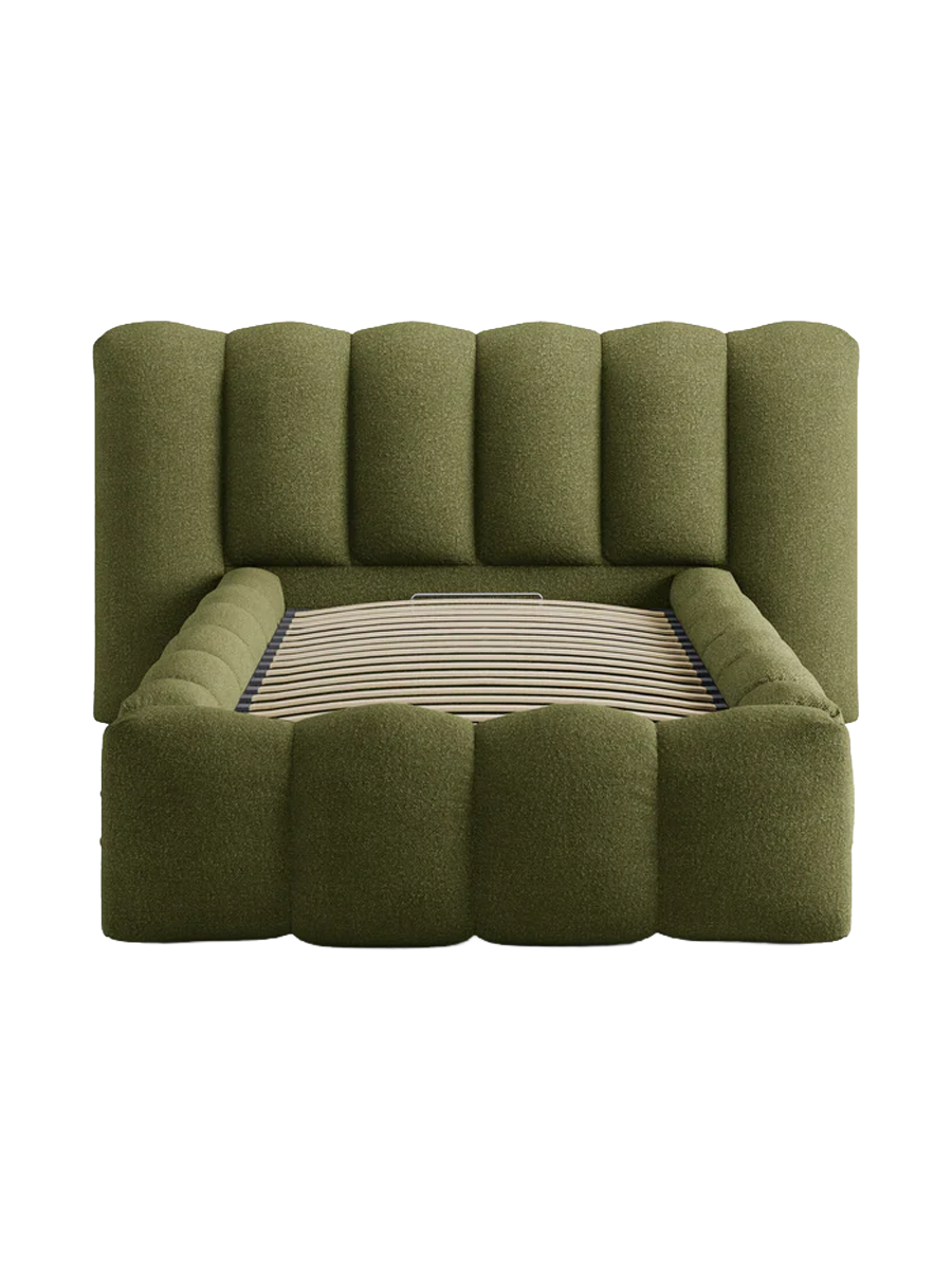 
"Lupine" designer upholstered bed with storage compartment - Bouclé Green