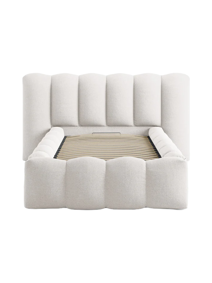 
"Lupine" designer upholstered bed with storage compartment - Structured Fabric Light Beige