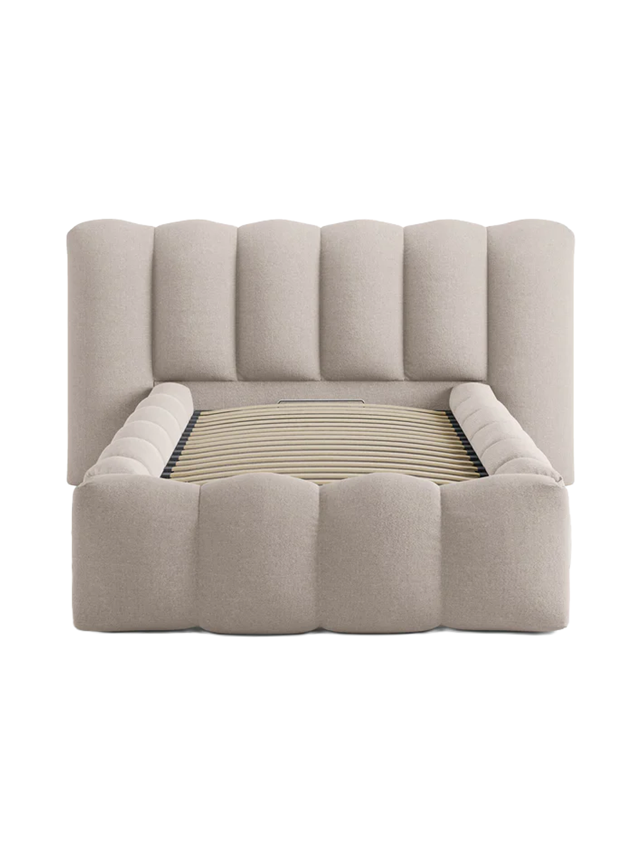 
"Lupine" designer upholstered bed with storage compartment - Structured fabric Cappuccino
