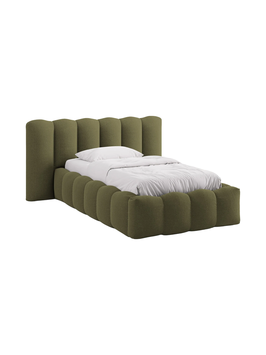 
"Lupine" designer upholstered bed with storage compartment - Textured Fabric Green