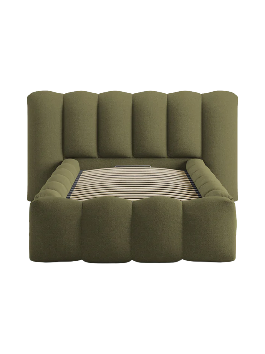 
"Lupine" designer upholstered bed with storage compartment - Textured Fabric Green