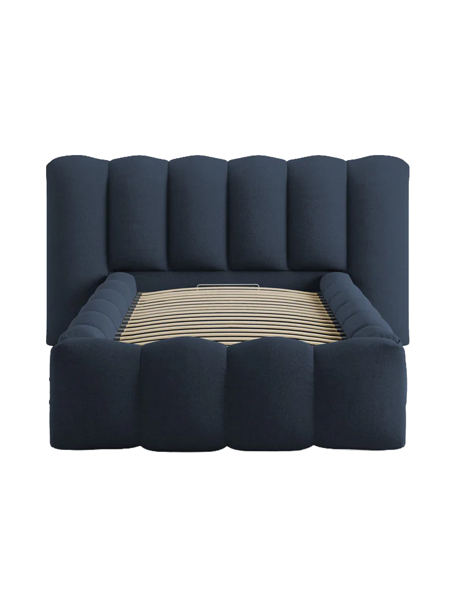 
"Lupine" designer upholstered bed with storage compartment - Structured Fabric Dark Blue