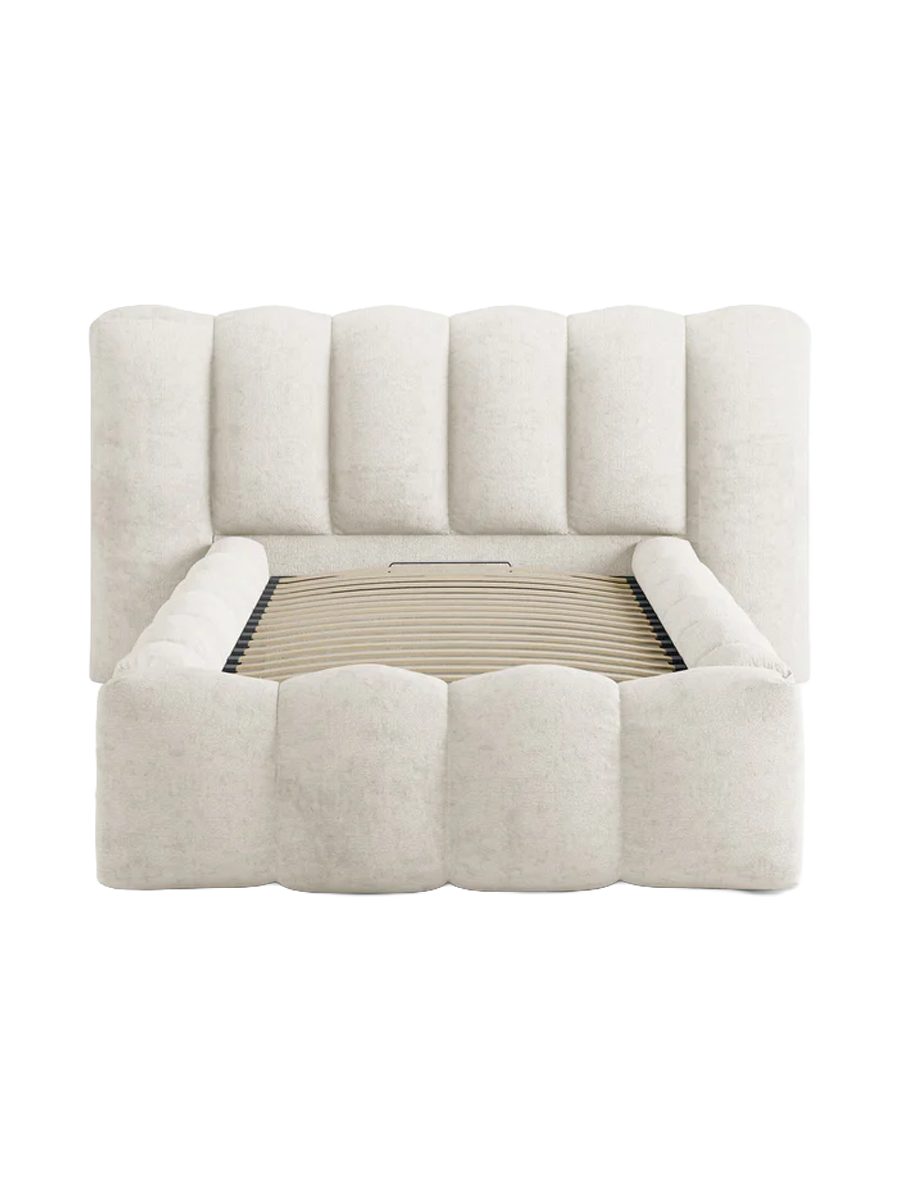 
"Lupine" designer upholstered bed with storage compartment - Chenille Light Beige