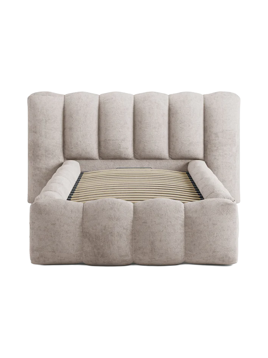 
"Lupine" designer upholstered bed with storage compartment - Chenille Beige
