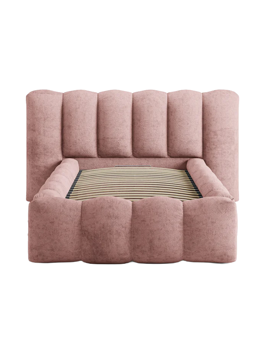 
"Lupine" designer upholstered bed with storage compartment - Chenille Pink